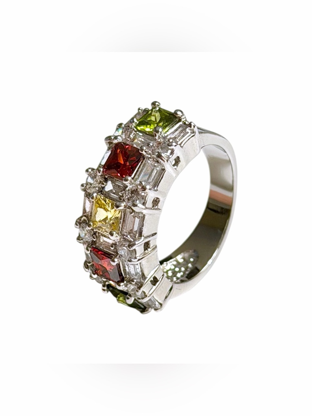 Ring Gemstone Silver Rhodium Plated Square Cut Stones Red Yellow Green Size 7/8